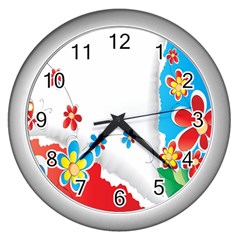 Flower Floral Papper Butterfly Star Sunflower Red Blue Green Leaf Wall Clocks (silver)  by Mariart