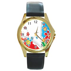 Flower Floral Papper Butterfly Star Sunflower Red Blue Green Leaf Round Gold Metal Watch