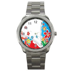 Flower Floral Papper Butterfly Star Sunflower Red Blue Green Leaf Sport Metal Watch by Mariart