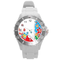 Flower Floral Papper Butterfly Star Sunflower Red Blue Green Leaf Round Plastic Sport Watch (l) by Mariart