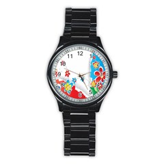 Flower Floral Papper Butterfly Star Sunflower Red Blue Green Leaf Stainless Steel Round Watch by Mariart