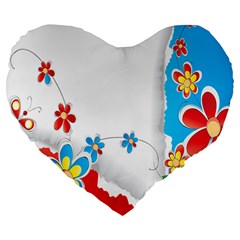 Flower Floral Papper Butterfly Star Sunflower Red Blue Green Leaf Large 19  Premium Flano Heart Shape Cushions by Mariart