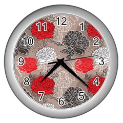 Flower Rose Red Black White Wall Clocks (silver)  by Mariart