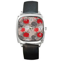 Flower Rose Red Black White Square Metal Watch by Mariart