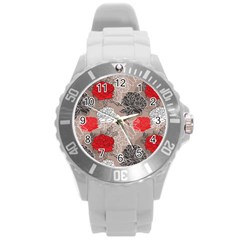 Flower Rose Red Black White Round Plastic Sport Watch (l) by Mariart