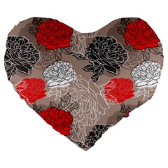 Flower Rose Red Black White Large 19  Premium Flano Heart Shape Cushions by Mariart