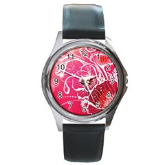 Flower Red Sakura Pink Round Metal Watch by Mariart