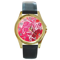 Flower Red Sakura Pink Round Gold Metal Watch by Mariart