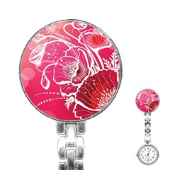 Flower Red Sakura Pink Stainless Steel Nurses Watch by Mariart