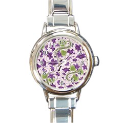 Flower Sakura Star Purple Green Leaf Round Italian Charm Watch