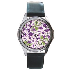 Flower Sakura Star Purple Green Leaf Round Metal Watch