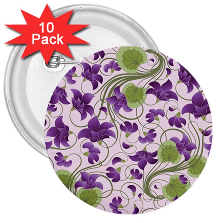 Flower Sakura Star Purple Green Leaf 3  Buttons (10 pack) 