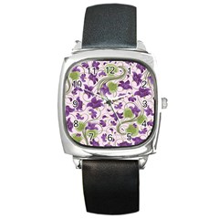 Flower Sakura Star Purple Green Leaf Square Metal Watch by Mariart