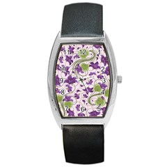 Flower Sakura Star Purple Green Leaf Barrel Style Metal Watch by Mariart