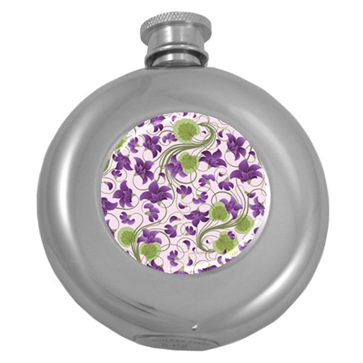 Flower Sakura Star Purple Green Leaf Round Hip Flask (5 oz)