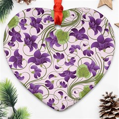 Flower Sakura Star Purple Green Leaf Heart Ornament (two Sides) by Mariart