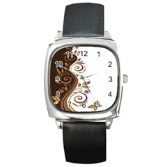 Leaf Brown Butterfly Square Metal Watch by Mariart