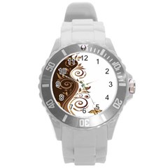 Leaf Brown Butterfly Round Plastic Sport Watch (l) by Mariart