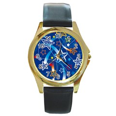 Line Star Space Blue Sky Light Rainbow Red Orange White Yellow Round Gold Metal Watch