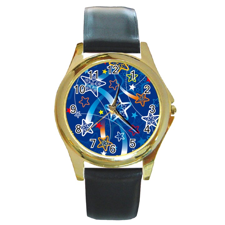 Line Star Space Blue Sky Light Rainbow Red Orange White Yellow Round Gold Metal Watch