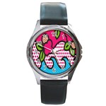 Rose Floral Circle Line Polka Dot Leaf Pink Blue Green Round Metal Watch Front