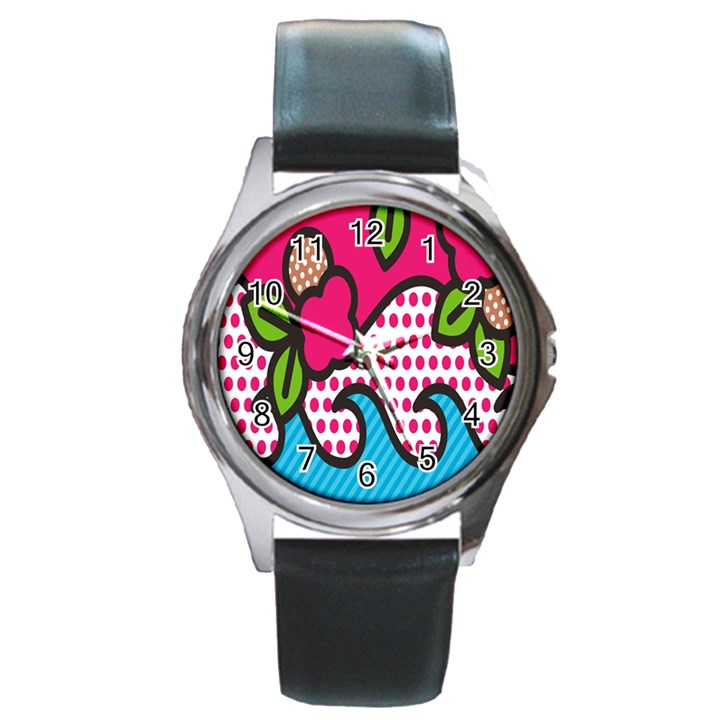 Rose Floral Circle Line Polka Dot Leaf Pink Blue Green Round Metal Watch