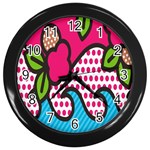 Rose Floral Circle Line Polka Dot Leaf Pink Blue Green Wall Clocks (Black) Front