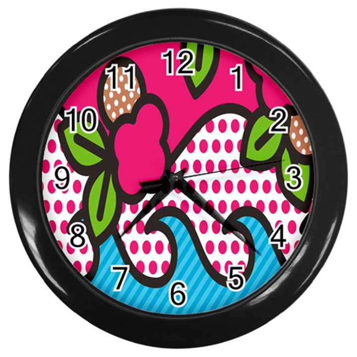 Rose Floral Circle Line Polka Dot Leaf Pink Blue Green Wall Clocks (Black)