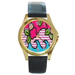 Rose Floral Circle Line Polka Dot Leaf Pink Blue Green Round Gold Metal Watch by Mariart