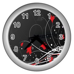 Star Red Flower Floral Black Leaf Polka Circle Wall Clocks (silver)  by Mariart