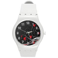 Star Red Flower Floral Black Leaf Polka Circle Round Plastic Sport Watch (m) by Mariart