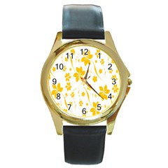 Shamrock Yellow Star Flower Floral Star Round Gold Metal Watch by Mariart