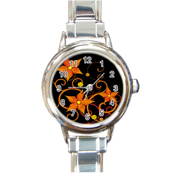 Star Leaf Orange Gold Red Black Flower Floral Round Italian Charm Watch