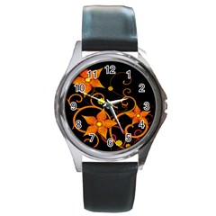 Star Leaf Orange Gold Red Black Flower Floral Round Metal Watch by Mariart