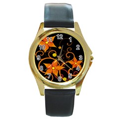 Star Leaf Orange Gold Red Black Flower Floral Round Gold Metal Watch by Mariart