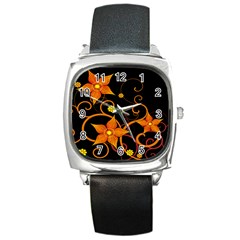 Star Leaf Orange Gold Red Black Flower Floral Square Metal Watch by Mariart