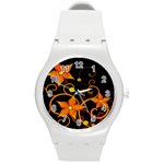 Star Leaf Orange Gold Red Black Flower Floral Round Plastic Sport Watch (M) Front