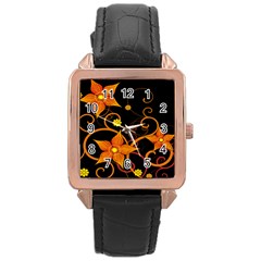 Star Leaf Orange Gold Red Black Flower Floral Rose Gold Leather Watch  by Mariart