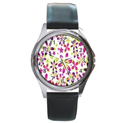 Star Flower Purple Pink Round Metal Watch by Mariart