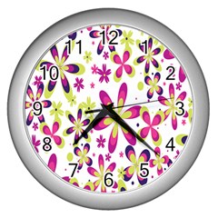 Star Flower Purple Pink Wall Clocks (silver) 