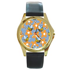 Wasp Bee Honey Flower Floral Star Orange Yellow Gray Round Gold Metal Watch by Mariart