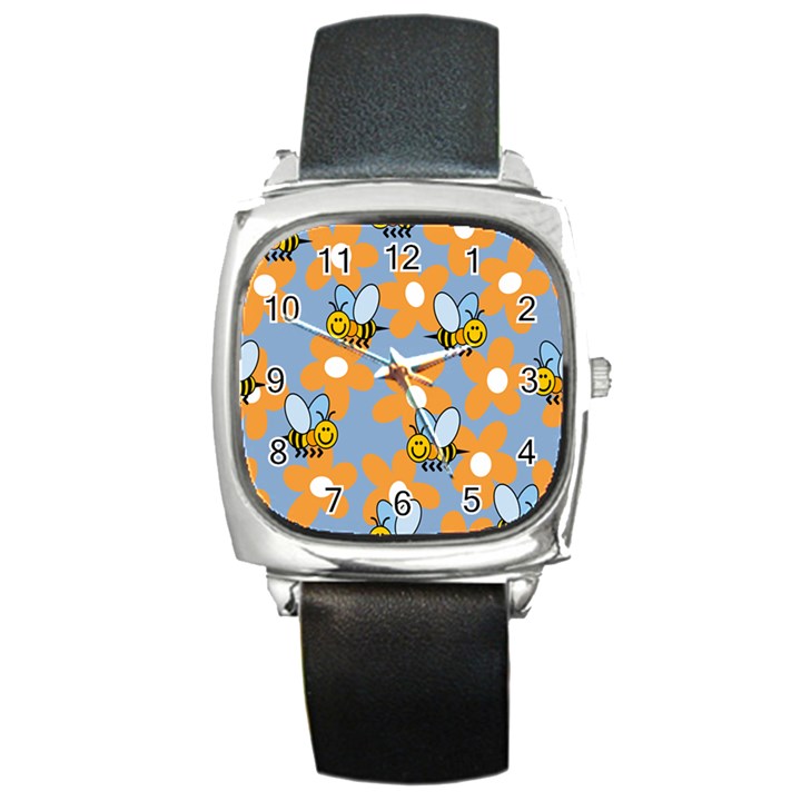 Wasp Bee Honey Flower Floral Star Orange Yellow Gray Square Metal Watch