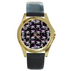 Cute Skull Round Gold Metal Watch by Valentinaart