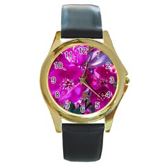 Pretty In Fuchsia Round Gold Metal Watch by dawnsiegler