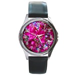 Pretty In Fuchsia 2 Round Metal Watch Front