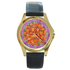 Floral Sphere Round Gold Metal Watch by dawnsiegler