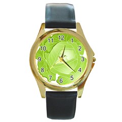 Cabbage Leaf Vegetable Green Round Gold Metal Watch by Mariart