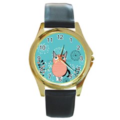 Cat Face Mask Smile Cute Leaf Flower Floral Round Gold Metal Watch by Mariart