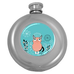 Cat Face Mask Smile Cute Leaf Flower Floral Round Hip Flask (5 Oz) by Mariart