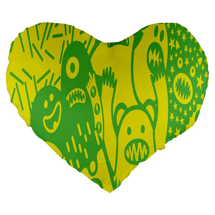 Easter Monster Sinister Happy Green Yellow Magic Rock Large 19  Premium Flano Heart Shape Cushions